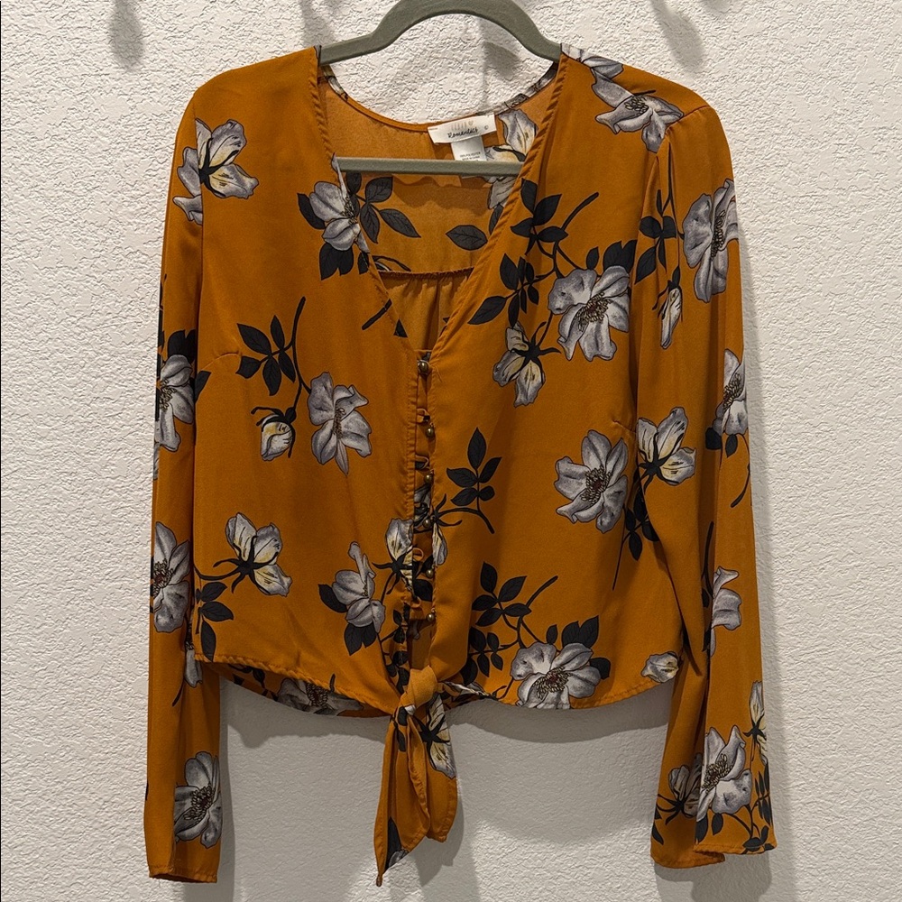 Urban Romantics Floral Mustard Tie-Front Blouse